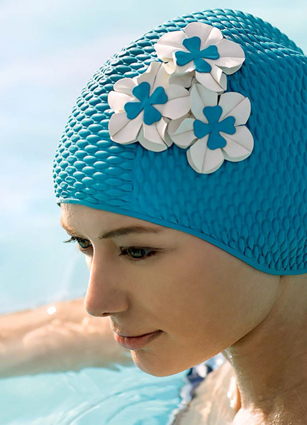 Bonnet De Bain Fleurs - Bleu Turquoise